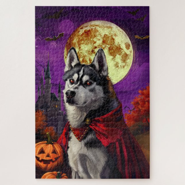 Halloween Sibirien Husky Vampire Pumpkins Beängsti Puzzle (Vertikal)