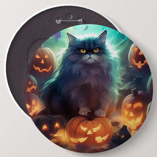 Halloween Sibirienkatze mit Kürbiskugeln Beängstig Button (Vorne & Hinten)