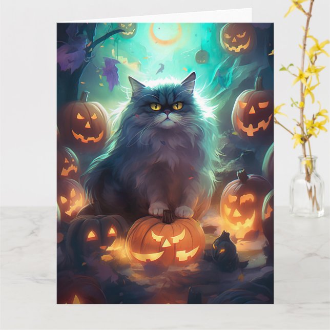 Halloween Sibirienkatze mit Kürbiskugeln Beängstig Karte (Gelbe Blume)