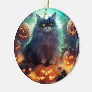 Halloween Sibirienkatze mit Kürbiskugeln Beängstig Keramik Ornament