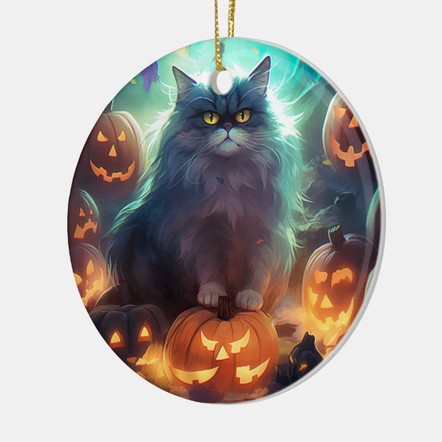 Halloween Sibirienkatze mit Kürbiskugeln Beängstig Keramik Ornament (Links)