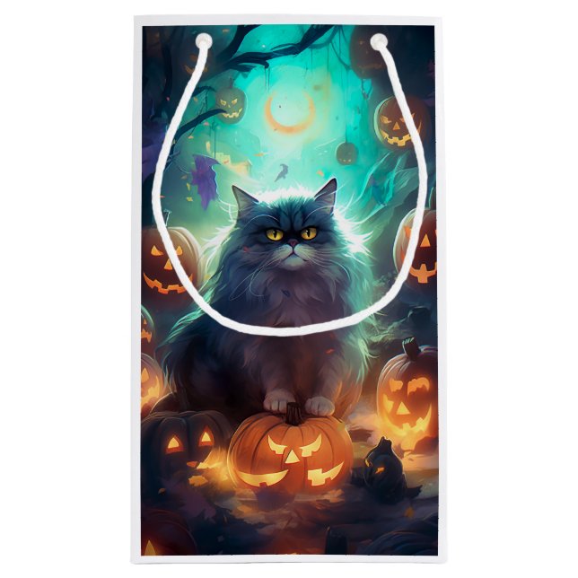 Halloween Sibirienkatze mit Kürbiskugeln Beängstig Kleine Geschenktüte (Rückseite)