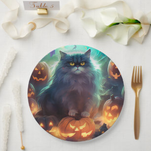 Halloween Sibirienkatze mit Kürbiskugeln Beängstig Pappteller