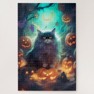 Halloween Sibirienkatze mit Kürbiskugeln Beängstig Puzzle