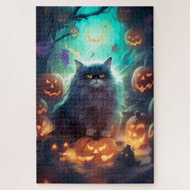 Halloween Sibirienkatze mit Kürbiskugeln Beängstig Puzzle (Vertikal)