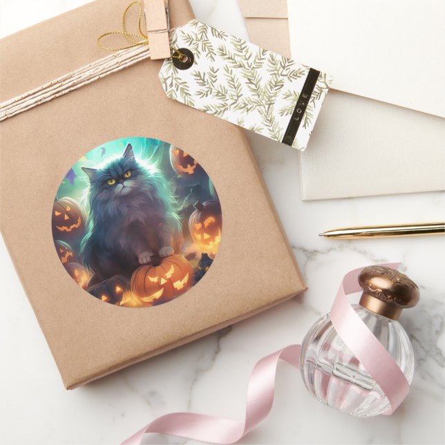 Halloween Sibirienkatze mit Kürbiskugeln Beängstig Runder Aufkleber (Schenken)