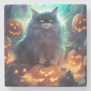 Halloween Sibirienkatze mit Kürbiskugeln Beängstig Steinuntersetzer