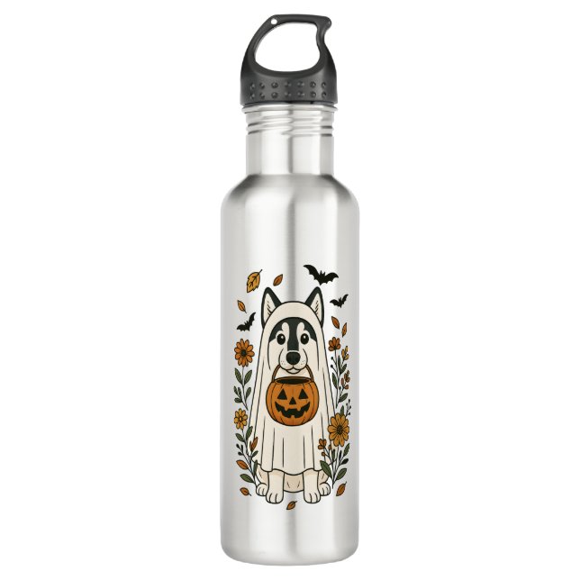 Halloween Sibirische Husky-Blume Edelstahlflasche (Vorderseite)