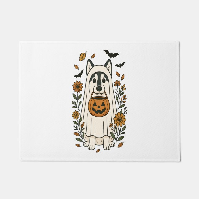 Halloween Sibirische Husky-Blume Fußmatte (Vorderseite)