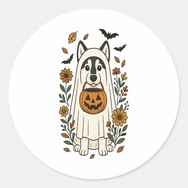 Halloween Sibirische Husky-Blume Runder Aufkleber (Vorderseite)