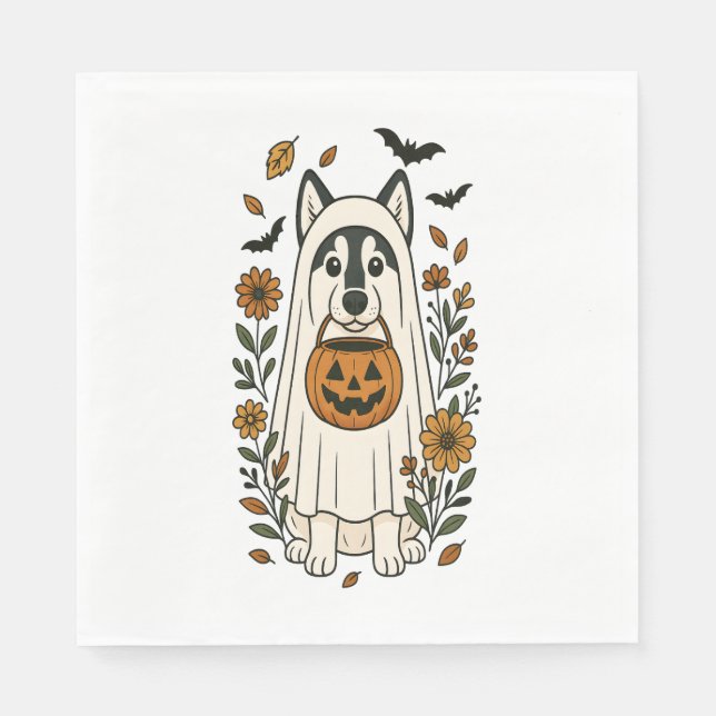 Halloween Sibirische Husky-Blume Serviette (Vorderseite)