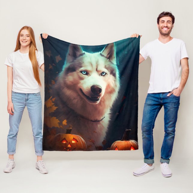 Halloween Sibirischer Husky mit Pumpkins Beängstig Fleecedecke (Beispiel)