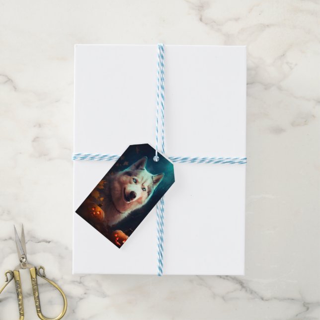 Halloween Sibirischer Husky mit Pumpkins Beängstig Geschenkanhänger (Mit Garn)