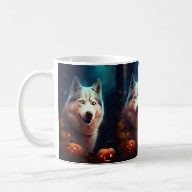 Halloween Sibirischer Husky mit Pumpkins Beängstig Kaffeetasse (Links)