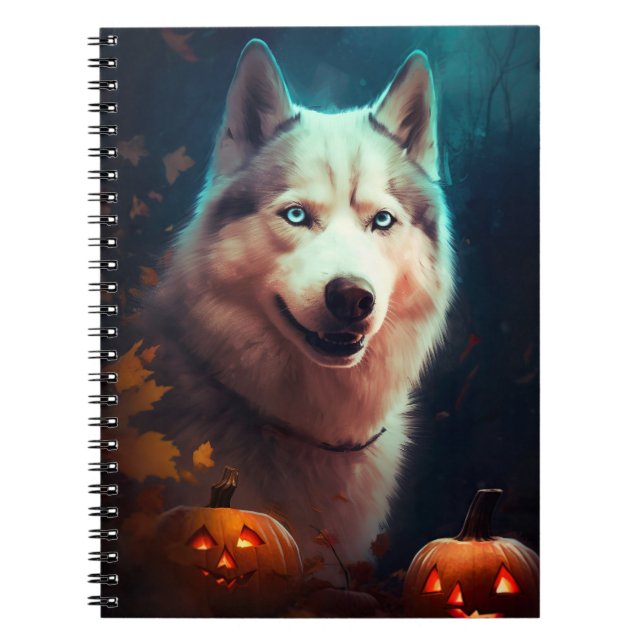 Halloween Sibirischer Husky mit Pumpkins Beängstig Notizblock (Vorderseite)