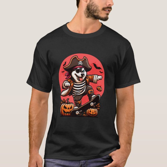 Halloween Sibirischer Husky Pirate Skateboard Spoo T-Shirt (Vorderseite)