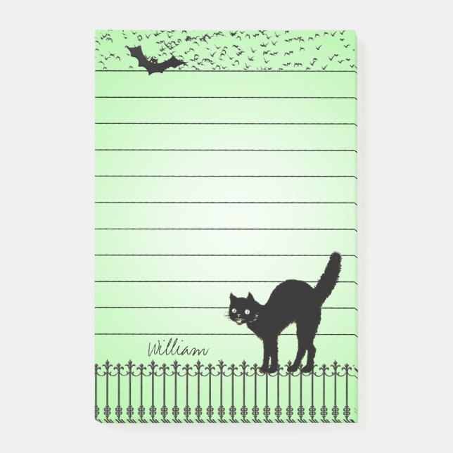 Halloween Silhouetten Black Cat Green BG Post-it Klebezettel (Vorderseite)
