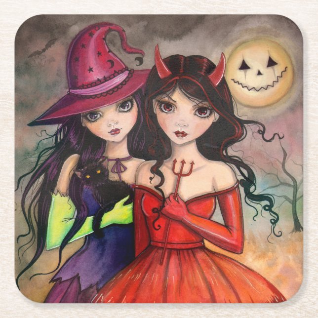 Halloween Sisters Trick oder Treatment Art Rechteckiger Pappuntersetzer (Vorderseite)