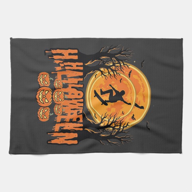 Halloween-Skateboard-Mond-Design Halloween Geschirrtuch (Horizontal)