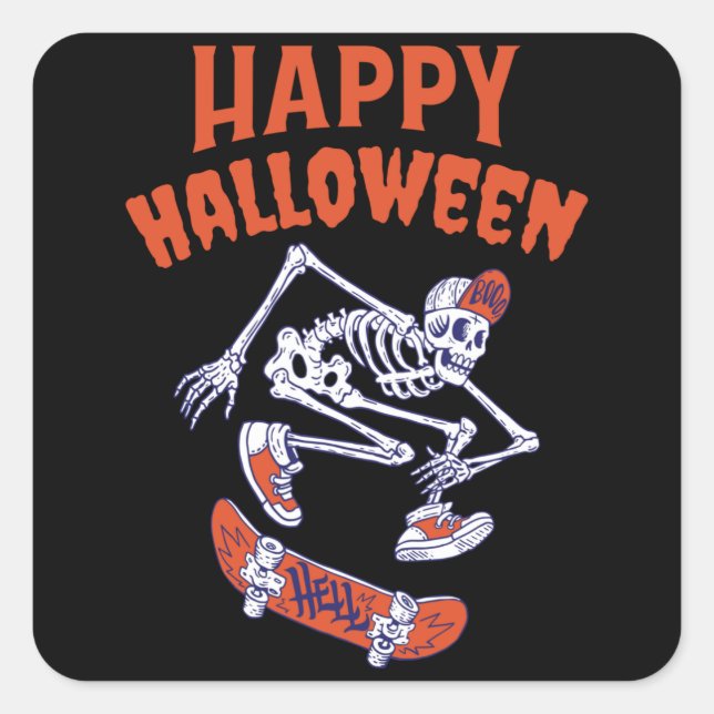 Halloween Skateboard Skelett Quadratischer Aufkleber (Vorderseite)
