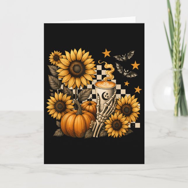 Halloween Skeleton Coffee, Soky Sunflowers Pumpkin Karte (Vorderseite)