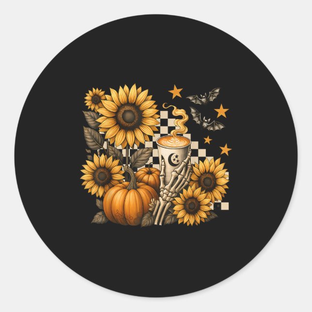 Halloween Skeleton Coffee, Soky Sunflowers Pumpkin Runder Aufkleber (Vorderseite)
