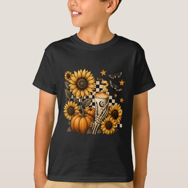 Halloween Skeleton Coffee, Soky Sunflowers Pumpkin T-Shirt (Vorderseite)
