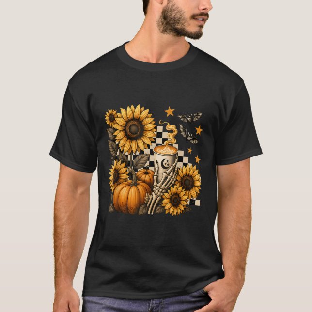 Halloween Skeleton Coffee, Soky Sunflowers Pumpkin T-Shirt (Vorderseite)