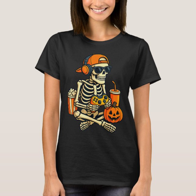 Halloween Skeleton Gamer Video Gaming Boys Men Kid T-Shirt (Vorderseite)