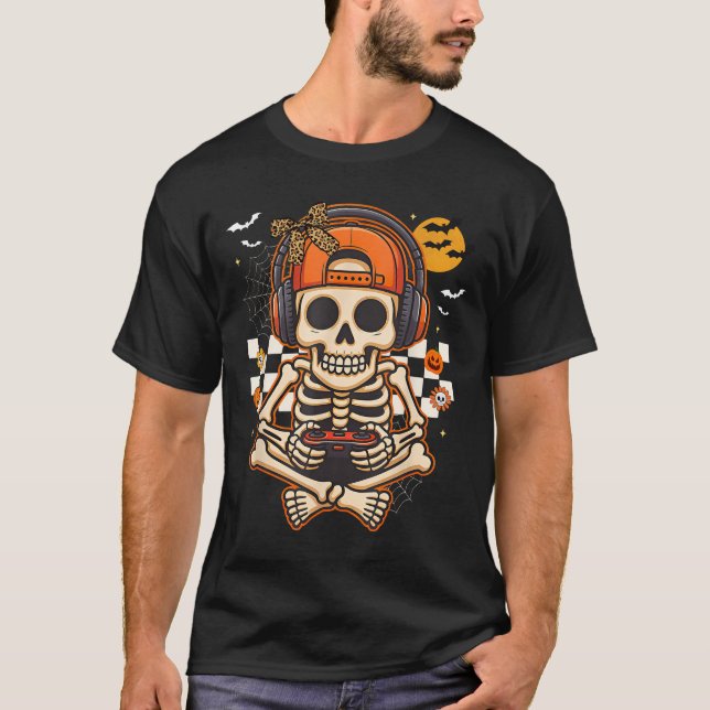 Halloween Skeleton Gamer Video Gaming Boys Men Kid T-Shirt (Vorderseite)