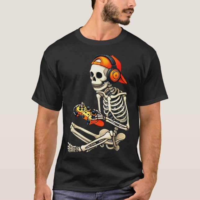 Halloween Skeleton Gamer Video Gaming Boys Men Kid T-Shirt (Vorderseite)