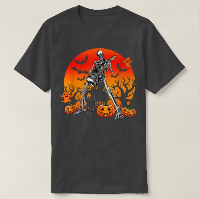 Halloween Skeleton Guitar Rock Band Jack O Lantern T-Shirt (Design vorne)