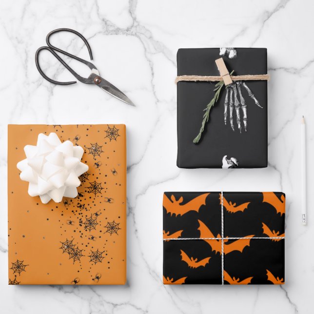 Halloween Skeleton Knochen Bats & Spider Webs Oran Geschenkpapier Set (Vorderseite)