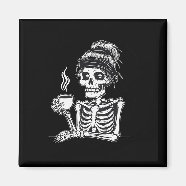 Halloween Skeleton Messy Bun Coffee Funny Costume Magnet (Vorne)