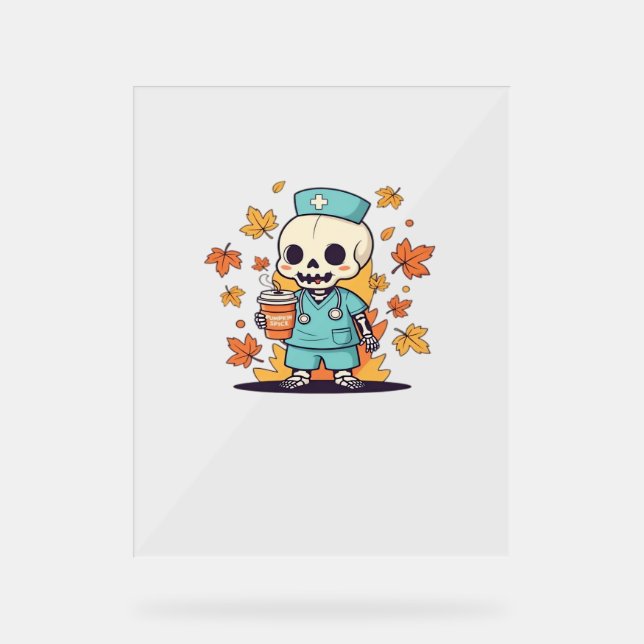 Halloween Skeleton Nurse mit Coffee Classic T-Shi Acrylschild (Vorderseite)