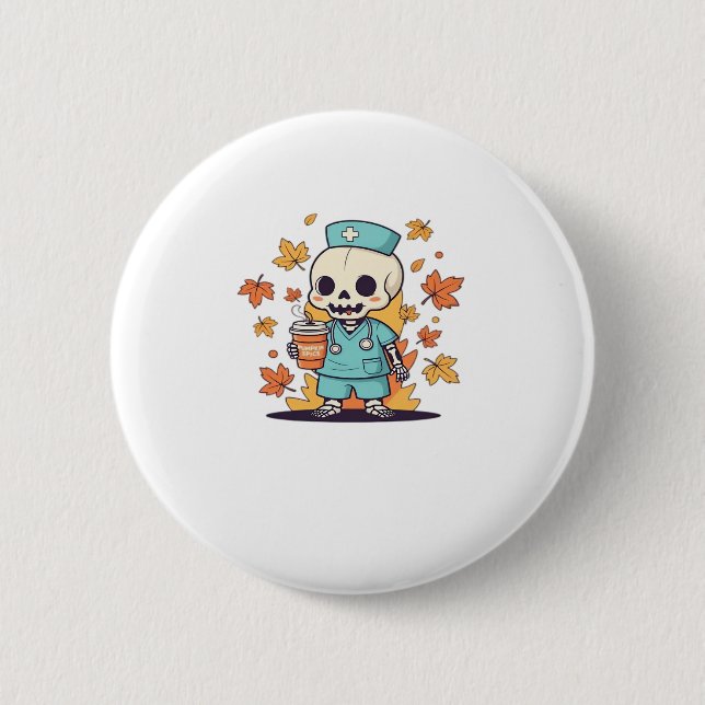 Halloween Skeleton Nurse mit Coffee Classic T-Shi Button (Vorderseite)