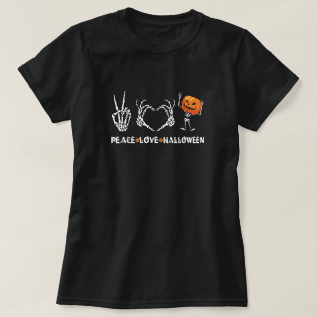 Halloween Skeleton Peace Liebe Halloween mit Beäng T-Shirt (Design vorne)