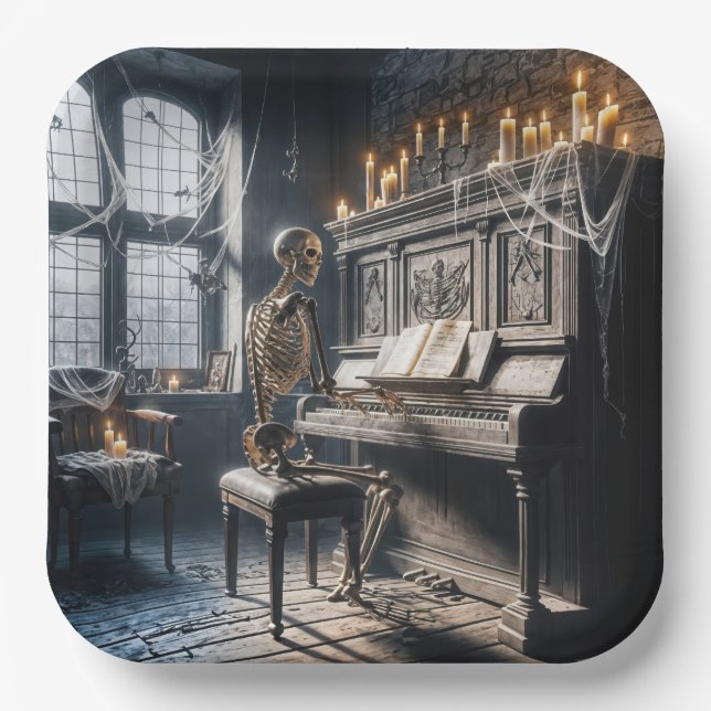 Halloween Skeleton Pianist Pappteller (Vorderseite)