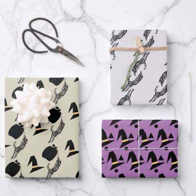 Halloween Skeleton Pumpkin Hexenmuster Geschenkpapier Set (Vorderseite)