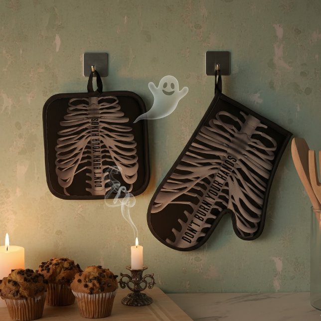 Halloween Skeleton Rib Käferknochen Oven Mitt Set (Watch for ghosts!)