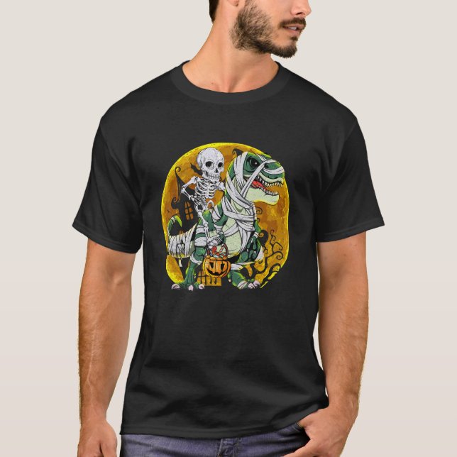 Halloween Skeleton Riding Mummy Dinosaur rex Pumpk T-Shirt (Vorderseite)