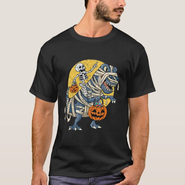 Halloween Skeleton Riding Mummy Dinosaur T rex Pum T-Shirt (Vorderseite)