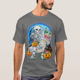 Halloween Skeleton Riding Mummy Dinosaur T rex Pum T-Shirt