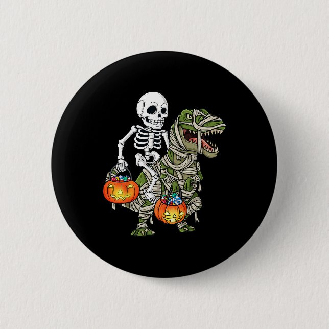 Halloween Skeleton Riding Mummy Dinosaur T Rex Spa Button (Vorderseite)