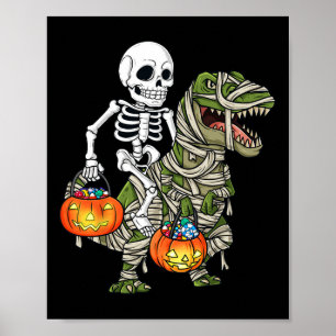 Halloween Skeleton Riding Mummy Dinosaur T Rex Spa Poster