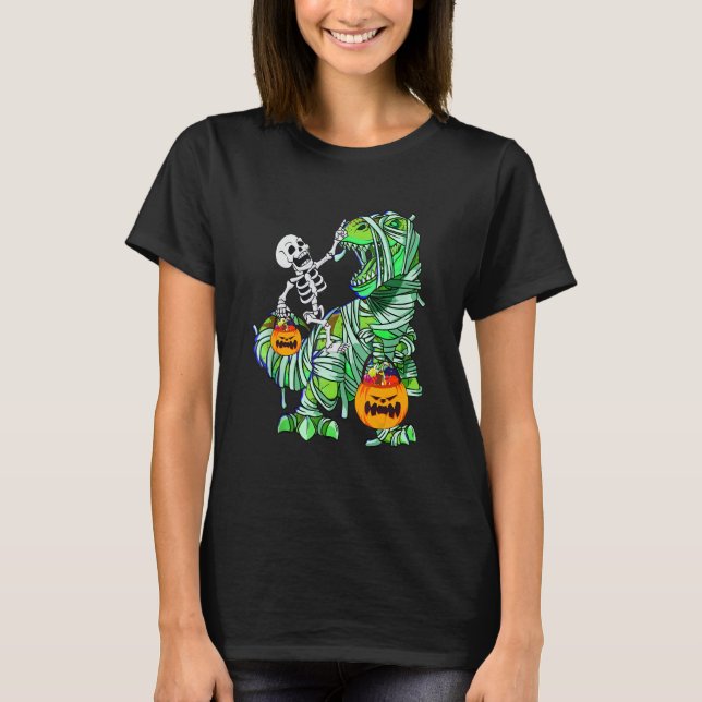 Halloween Skeleton Riding Mummy Rex Dinosaur Kinde T-Shirt (Vorderseite)
