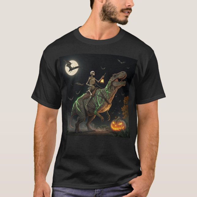 Halloween Skeleton Riding Wrapped Dinosaur Funny T T-Shirt (Vorderseite)