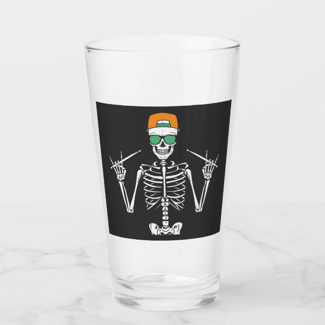 Halloween Skeleton Rock Hand Playing Drums Drinks Glas (Vorderseite)