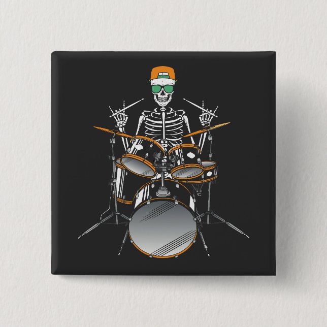 Halloween Skeleton Rock Hand Playing Drums Square Button (Vorderseite)