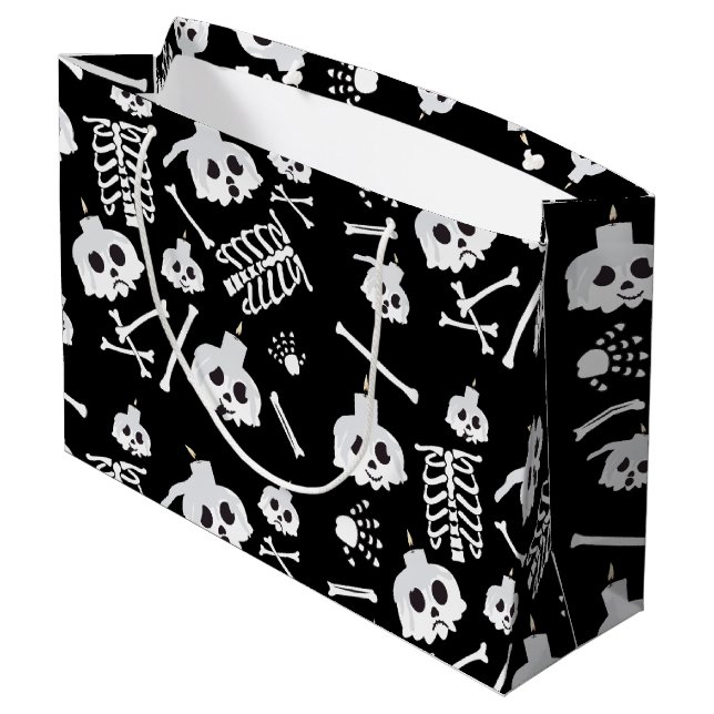 Halloween Skeleton Skull Bones Muster Große Geschenktüte (Rückseite Schrägansicht)